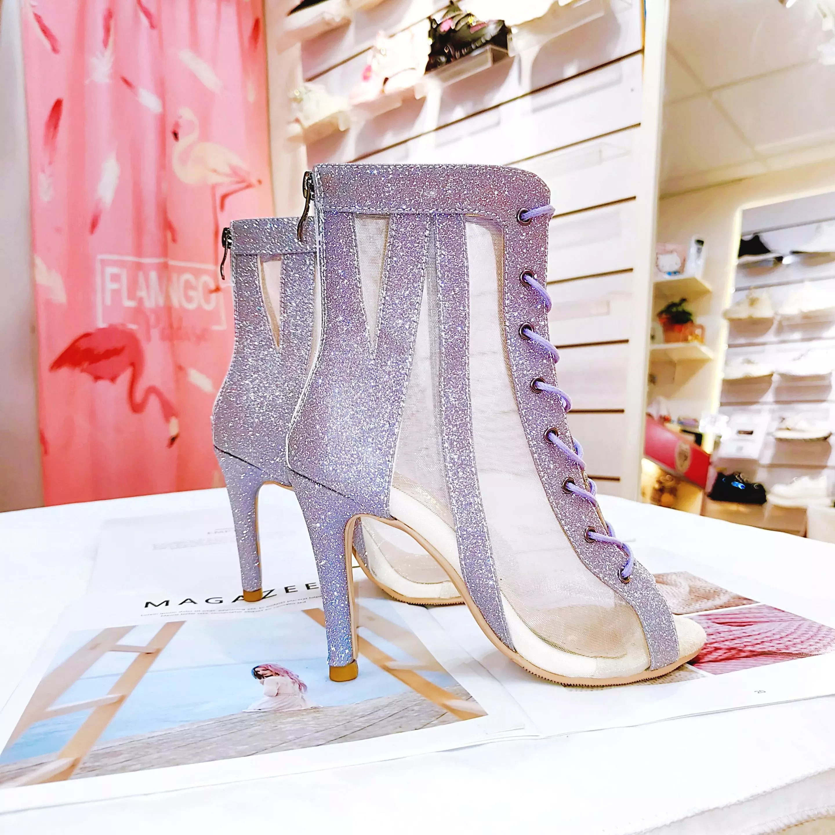 星河 - 網紗x星燦拉鏈綁帶靴