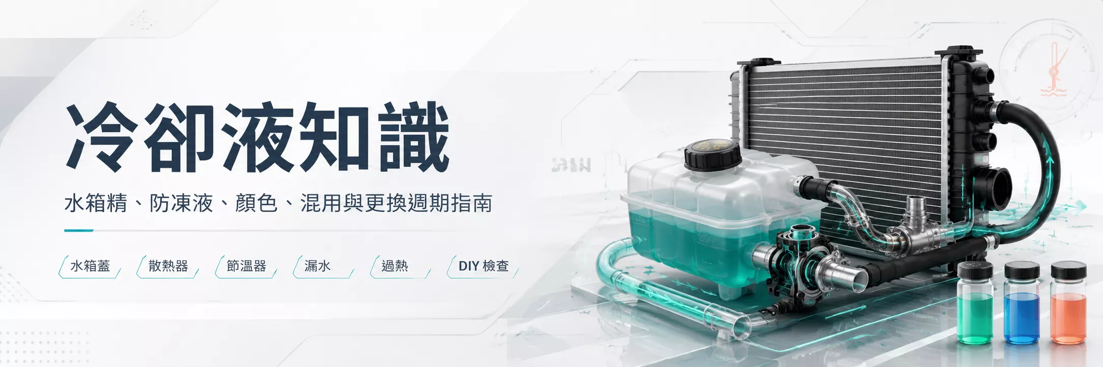 汽車冷卻液分類頁，包含水箱精、防凍液、顏色混用、更換週期與冷