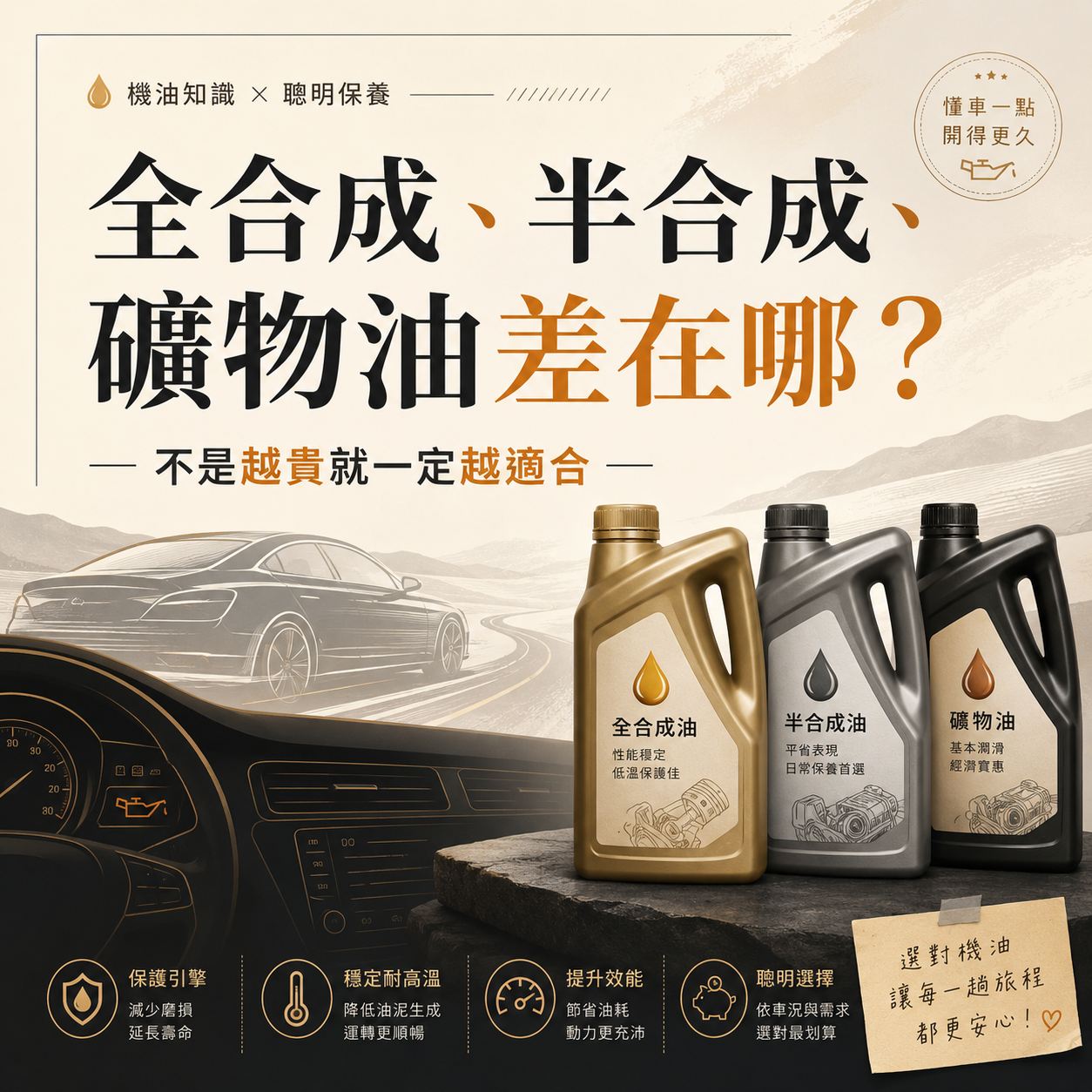 全合成、半合成、礦物油差在哪？不是越貴就一定越適合