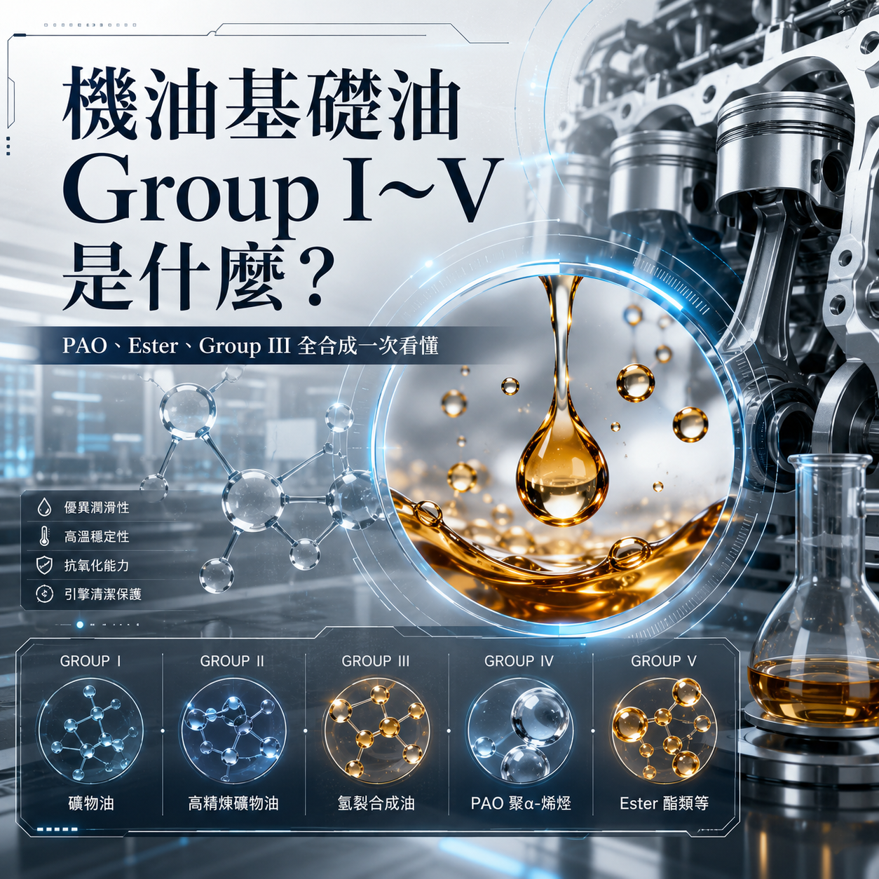 機油基礎油 Group I～V 是什麼？PAO、Ester、Group III 全合成一次看懂