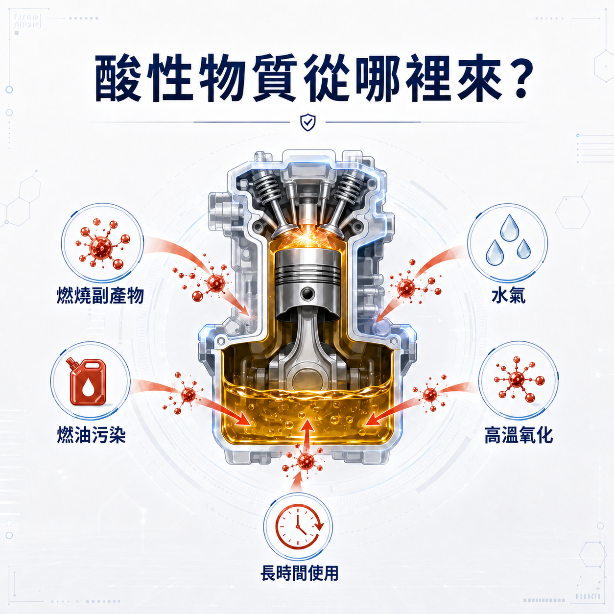 引擎剖面圖說明燃燒副產物、水氣、燃油污染、高溫氧化與長時間使用如何造成酸性物質累積