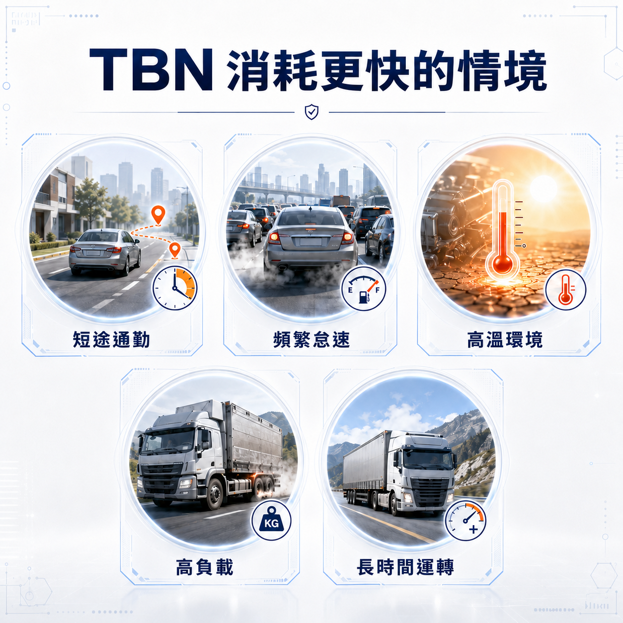 短途通勤、頻繁怠速、高溫環境、高負載與長時間運轉加速 TBN 消耗的情境圖