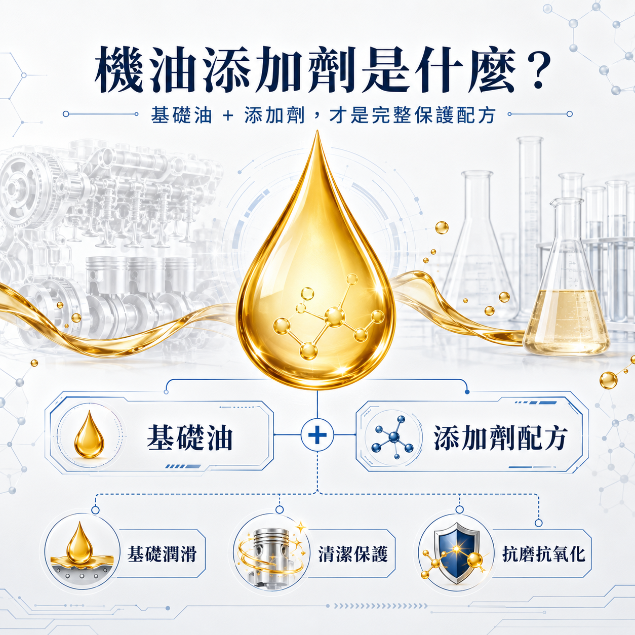 機油由基礎油與添加劑配方組成，提供潤滑、清潔、抗磨與抗氧化保護的科技示意圖