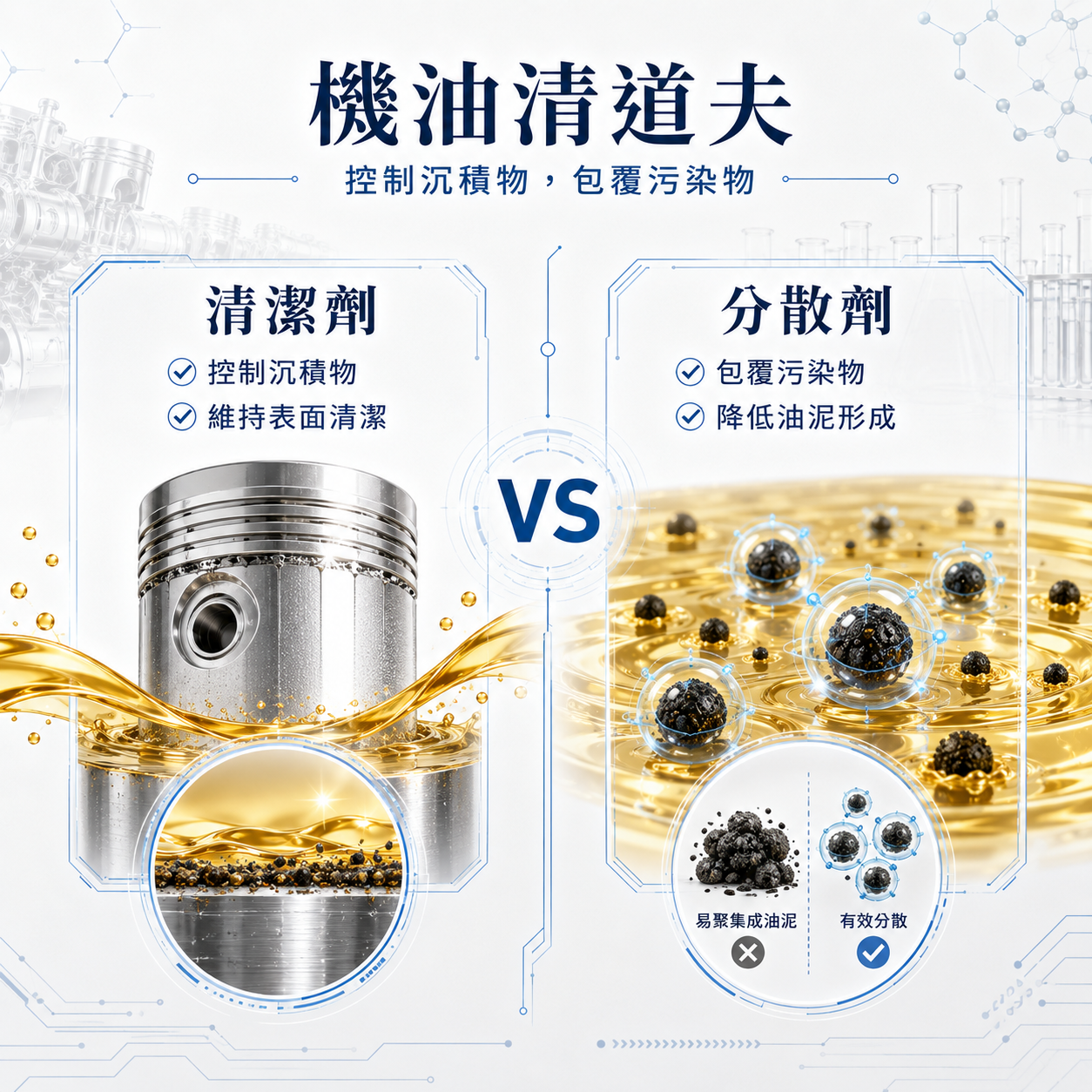 清潔劑控制沉積物，分散劑包覆污染物並降低油泥形成的對比示意圖