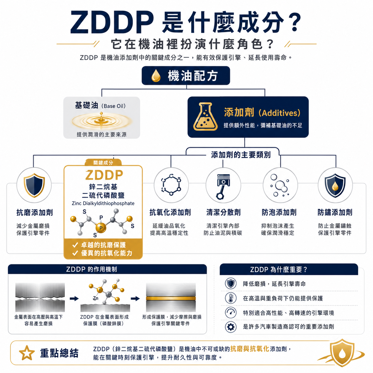 機油由基礎油與添加劑組成，ZDDP 屬於抗磨與抗氧化添加劑，能協助保護引擎並提升油品穩定性的資訊圖