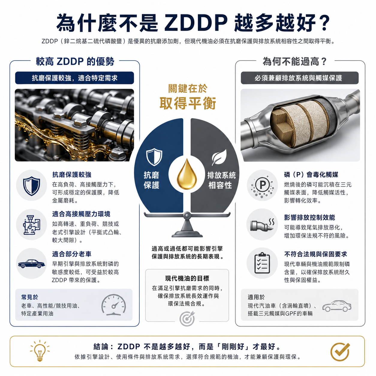 ZDDP 能提供抗磨保護，但過高磷含量可能影響排放系統與觸媒相容性，現代機油需要在抗磨與環保之間取得平衡的比較圖
