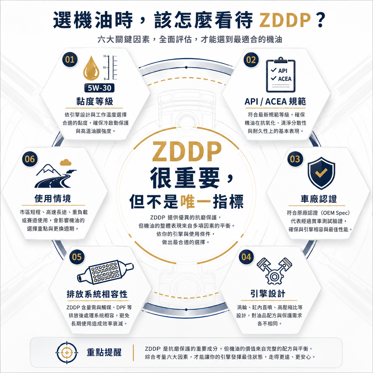 選擇機油時不應只看 ZDDP，而應同時考量黏度等級、API/ACEA 規範、車廠認證、引擎設計、排放系統與使用情境的總結圖