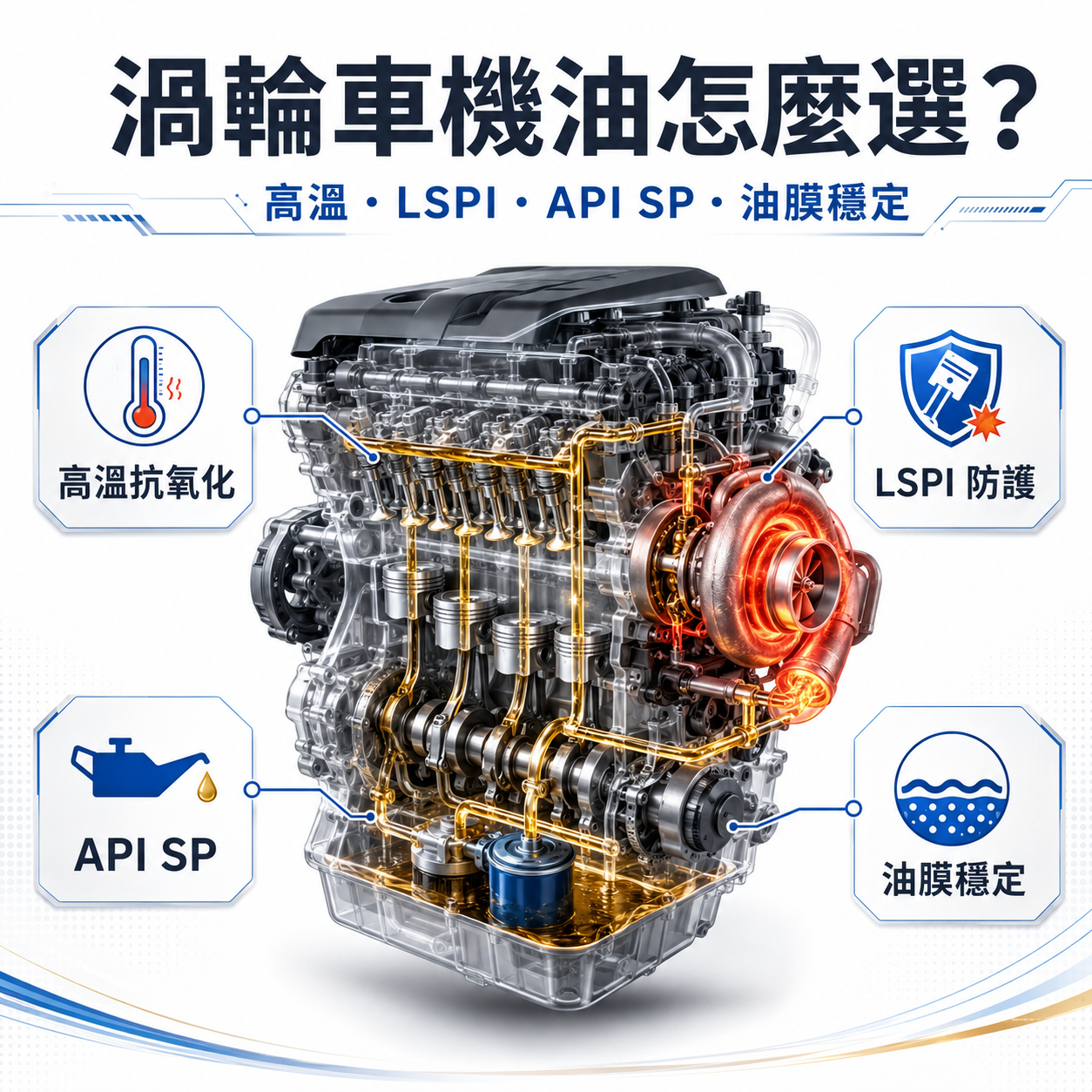 輪車機油選擇主視覺，呈現高溫、LSPI、API SP 與油膜穩定重點