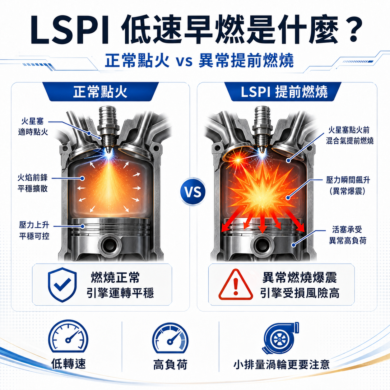 LSPI 低速早燃示意圖，對比正常點火與異常提前燃燒