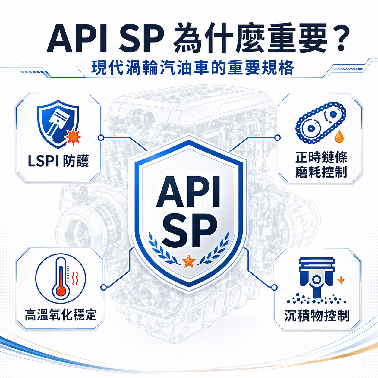 API SP 與 LSPI 防護關係圖，說明現代渦輪汽油車選油規格