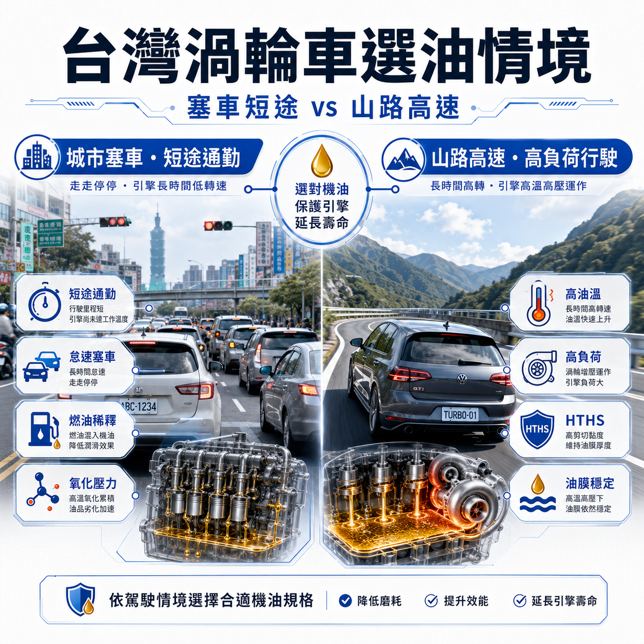 台灣渦輪車用車情境示意，對比市區塞車短途與山路高速高負荷選油重點