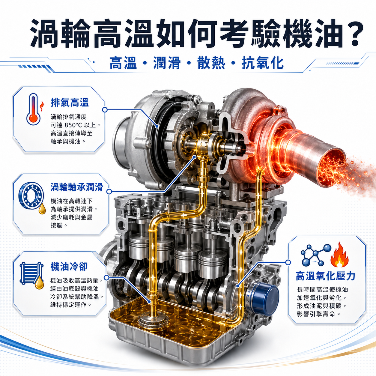 渦輪引擎高溫區與機油循環示意，說明機油如何潤滑與冷卻渦輪軸承