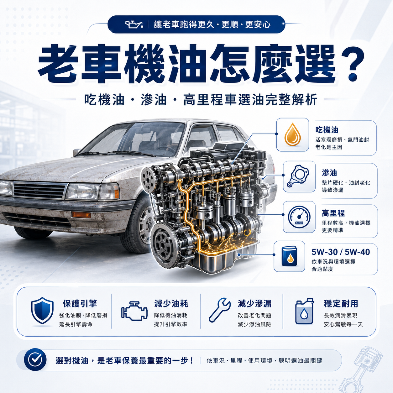 老車機油選擇主視覺，呈現吃機油、滲油與高里程車況判斷重點