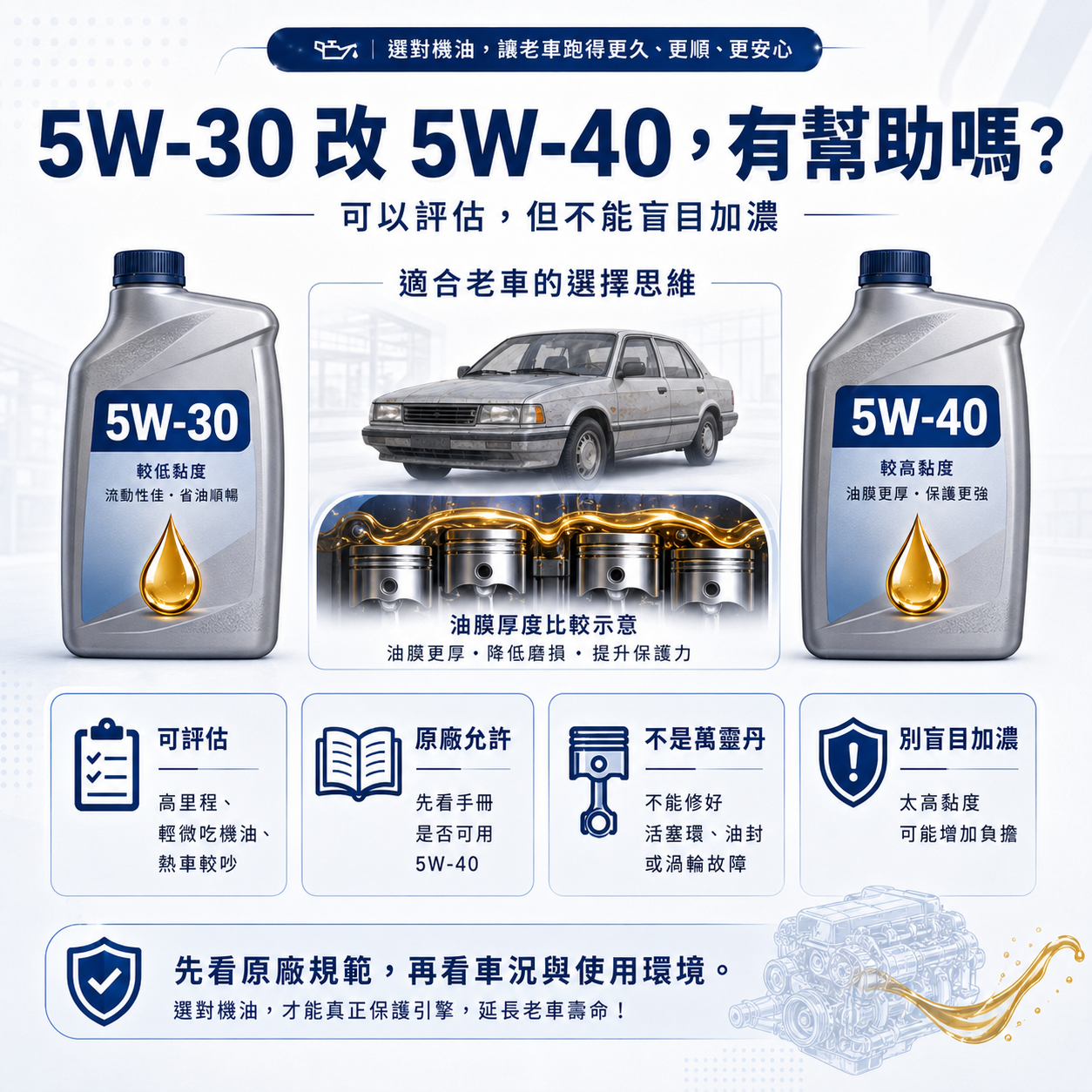 5W-30 改 5W-40 判斷圖，說明老車是否需要提高機油黏度