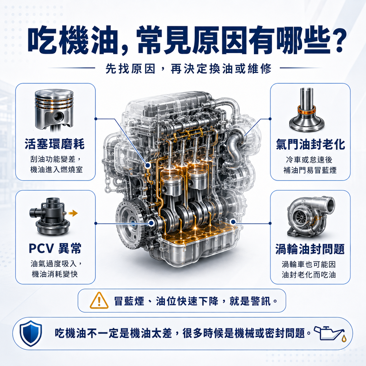 吃機油原因診斷圖，標示活塞環、氣門油封、PCV 與渦輪油封問題