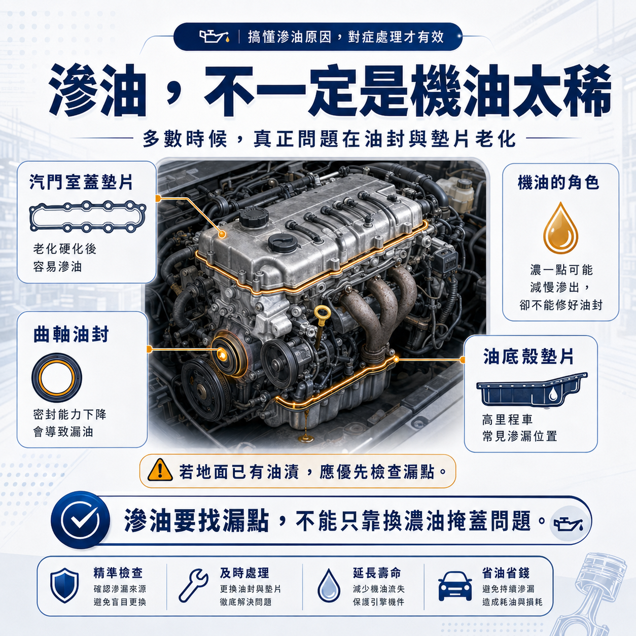 滲油與油封老化示意圖，說明機油滲漏常見原因