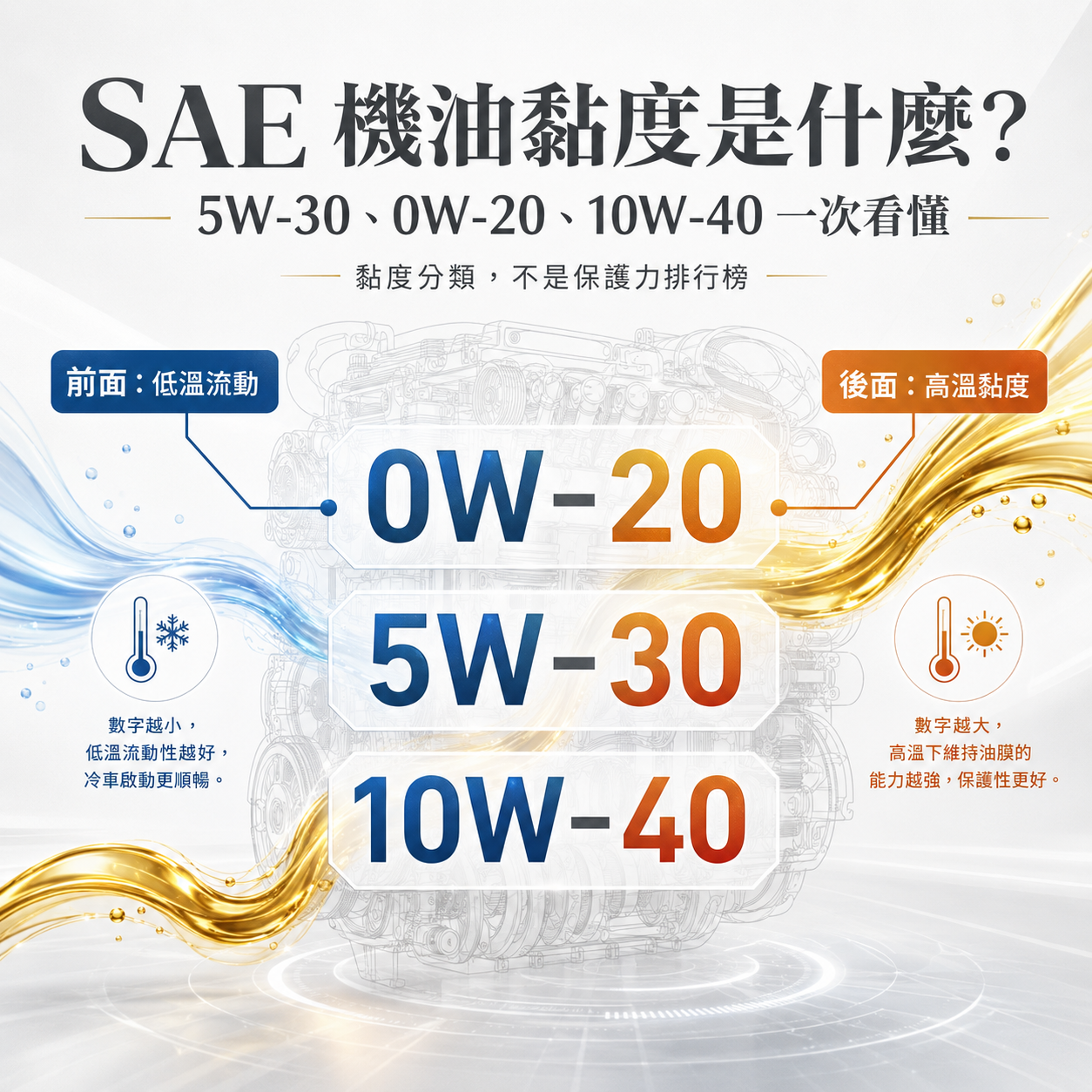 SAE 機油黏度主視覺，說明 0W-20、5W-30、10W-40 是機油黏度分類，不是保護力排行榜。