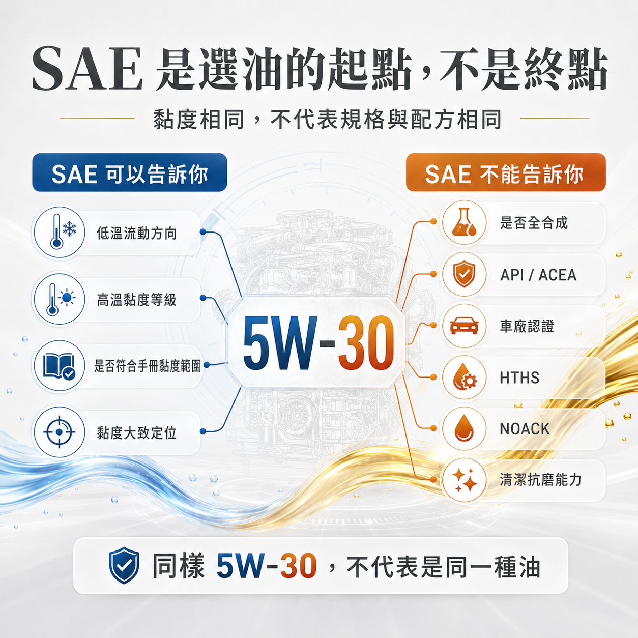 SAE 黏度能告訴與不能告訴你的資訊圖，說明同樣 5W-30 不代表規格、配方、API、ACEA、HTHS、NOACK 都相同。
