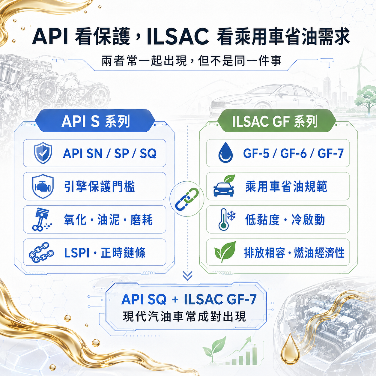 API 與 ILSAC 差在哪? API S 系列與 ILSAC GF 系列機油規範比較圖,說明 API 著重引擎保護,ILSAC 著重乘用車省油與低黏度需求