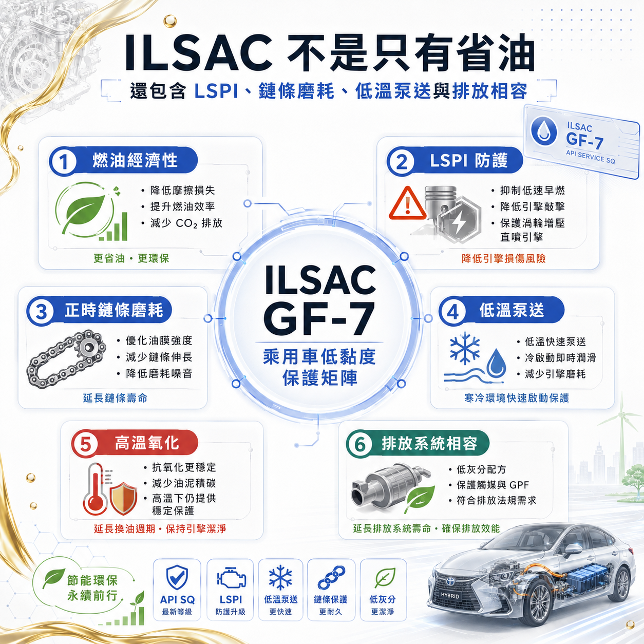 ILSAC 不是只有省油 ILSAC GF-7 測試重點矩陣圖,包含燃油經濟性、LSPI 防護、正時鏈條磨耗、低溫泵送、高溫氧化與排放系統相容