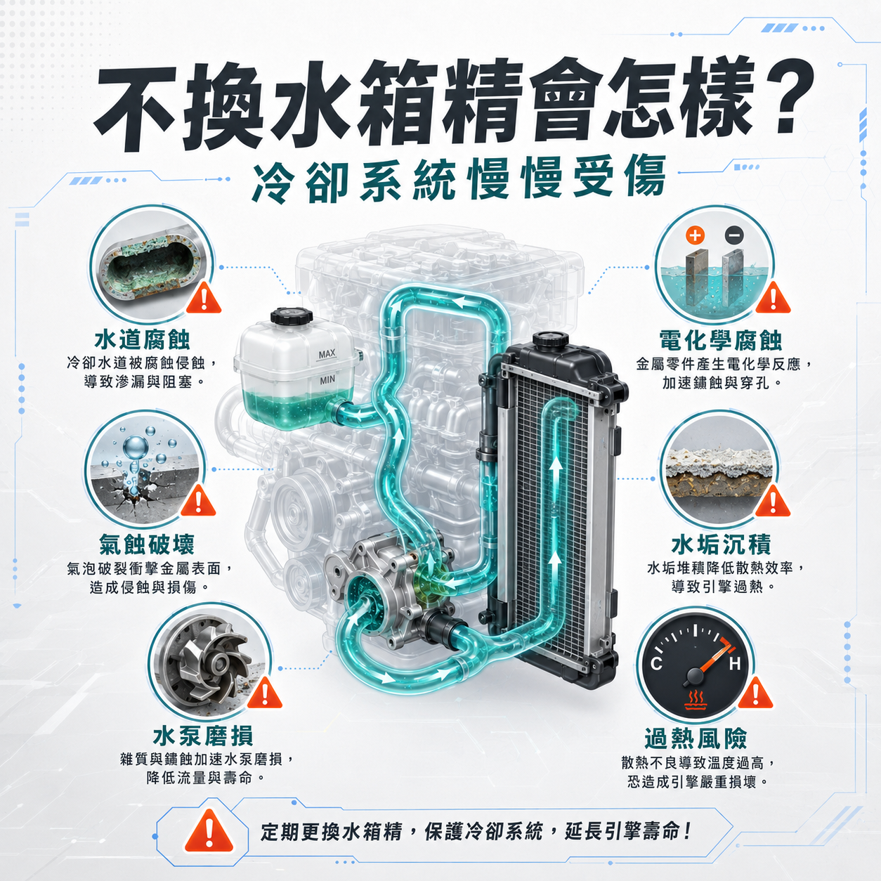 水箱精不換造成冷卻系統受傷示意圖，呈現水道腐蝕、電化學腐蝕、氣蝕破壞、水垢沉積、水泵磨損與過熱風險