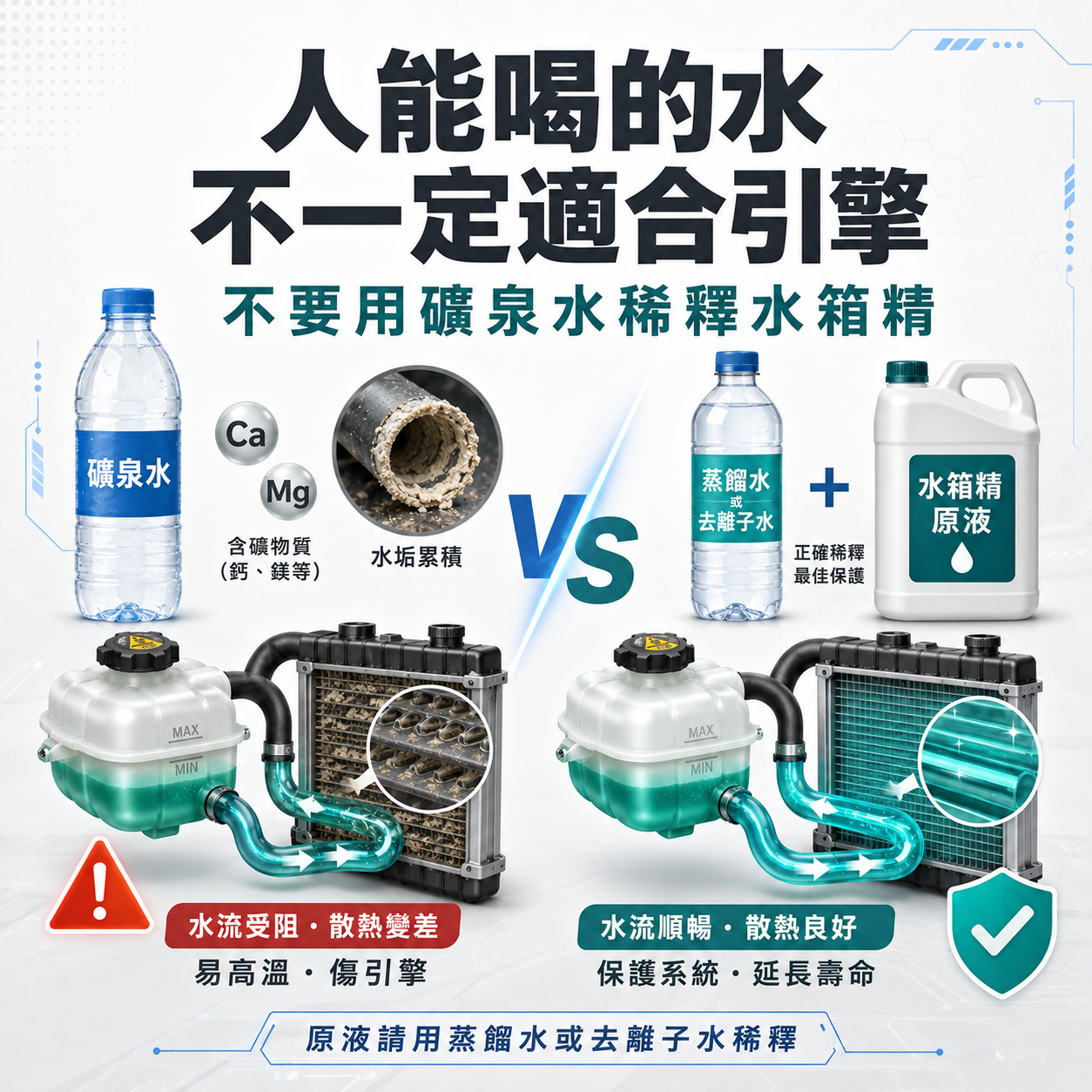 不要用礦泉水稀釋水箱精示意圖，說明礦泉水中的鈣鎂離子可能在冷卻系統中形成水垢，建議使用蒸餾水或去離子水