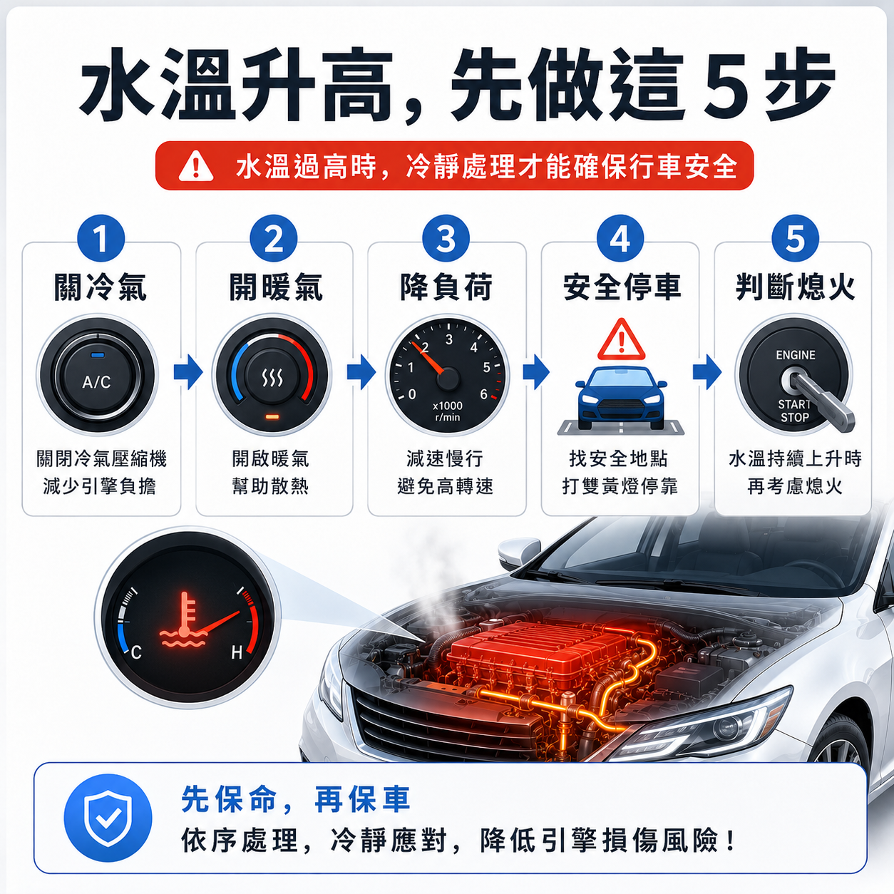 水溫升高黃金救援 5 步驟 水溫升高時的五步驟處理流程,包含關冷氣、開暖氣、降負荷、安全停車與判斷熄火