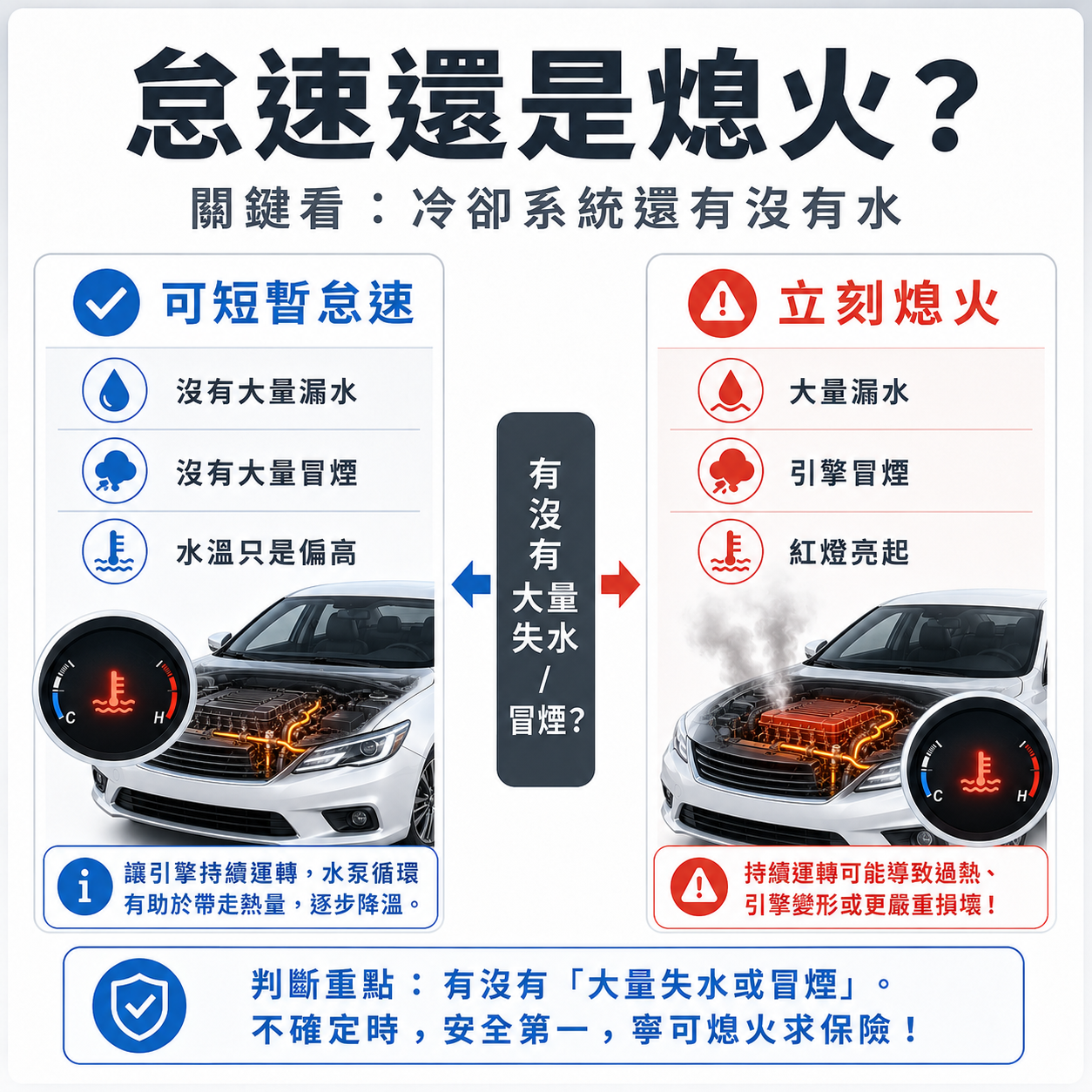 怠速降溫還是立刻熄火? 引擎過熱後怠速降溫或立刻熄火的判斷圖,依據是否大量漏水、冒煙與紅燈警示區分處理方式
