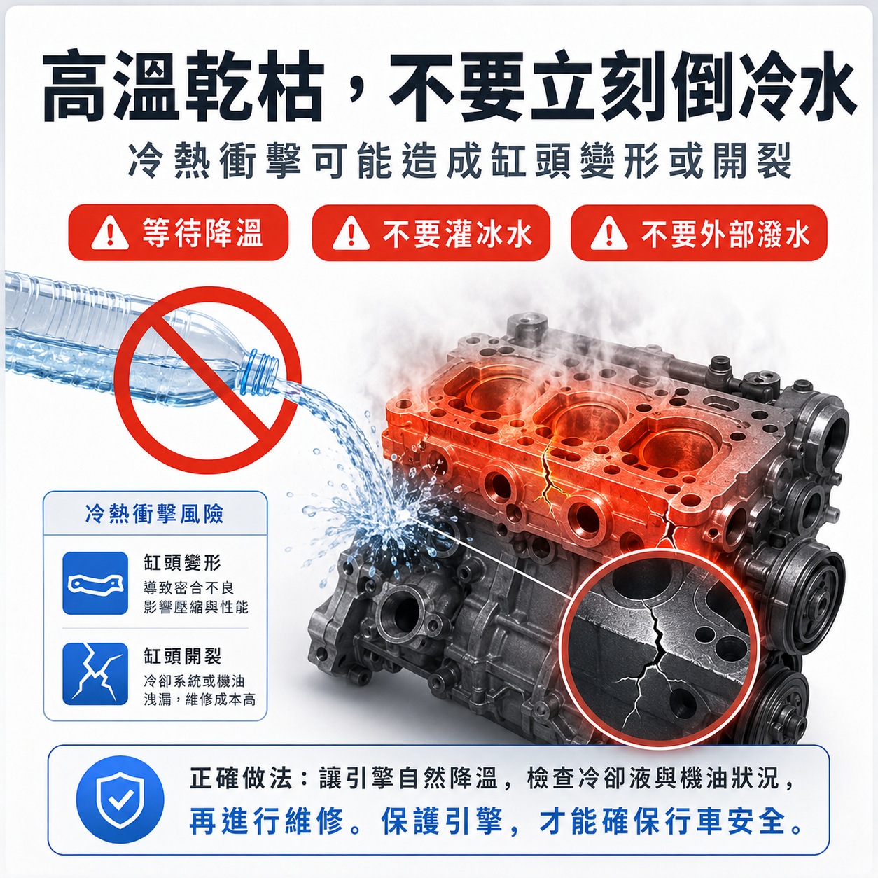 高溫補水前,先等引擎降溫 引擎高溫乾枯時不可立刻倒冷水的冷熱衝擊示意圖,說明缸頭變形與開裂風險