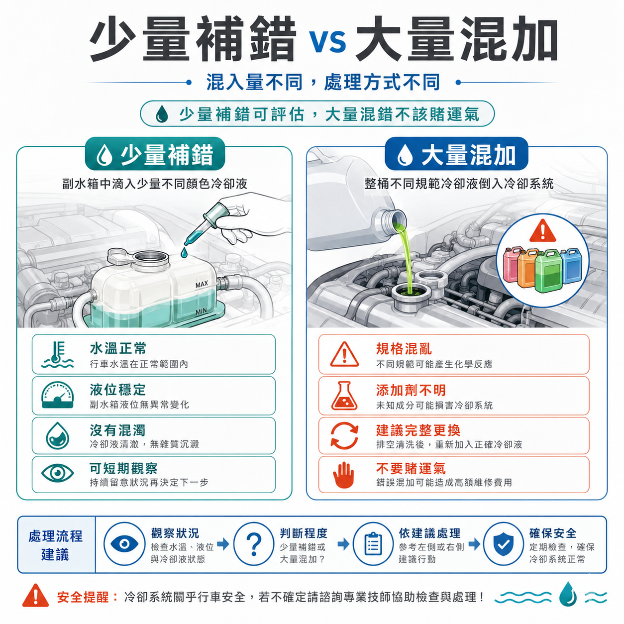 少量補錯 vs 大量混加 少量補錯冷卻液與大量混加冷卻液的風險比較圖,說明少量可觀察,大量混用建議完整更換。