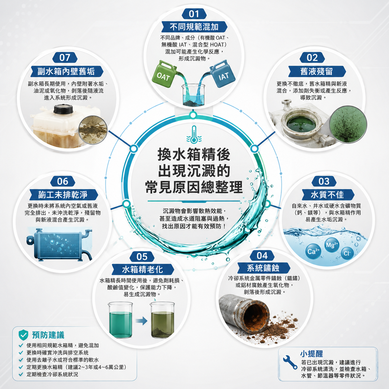 冷卻液沉澱七大原因資訊圖，整理舊液殘留、不同規範混用、自來水稀釋、水垢鏽垢、副水箱未清洗、染料析出與產品批次問題。