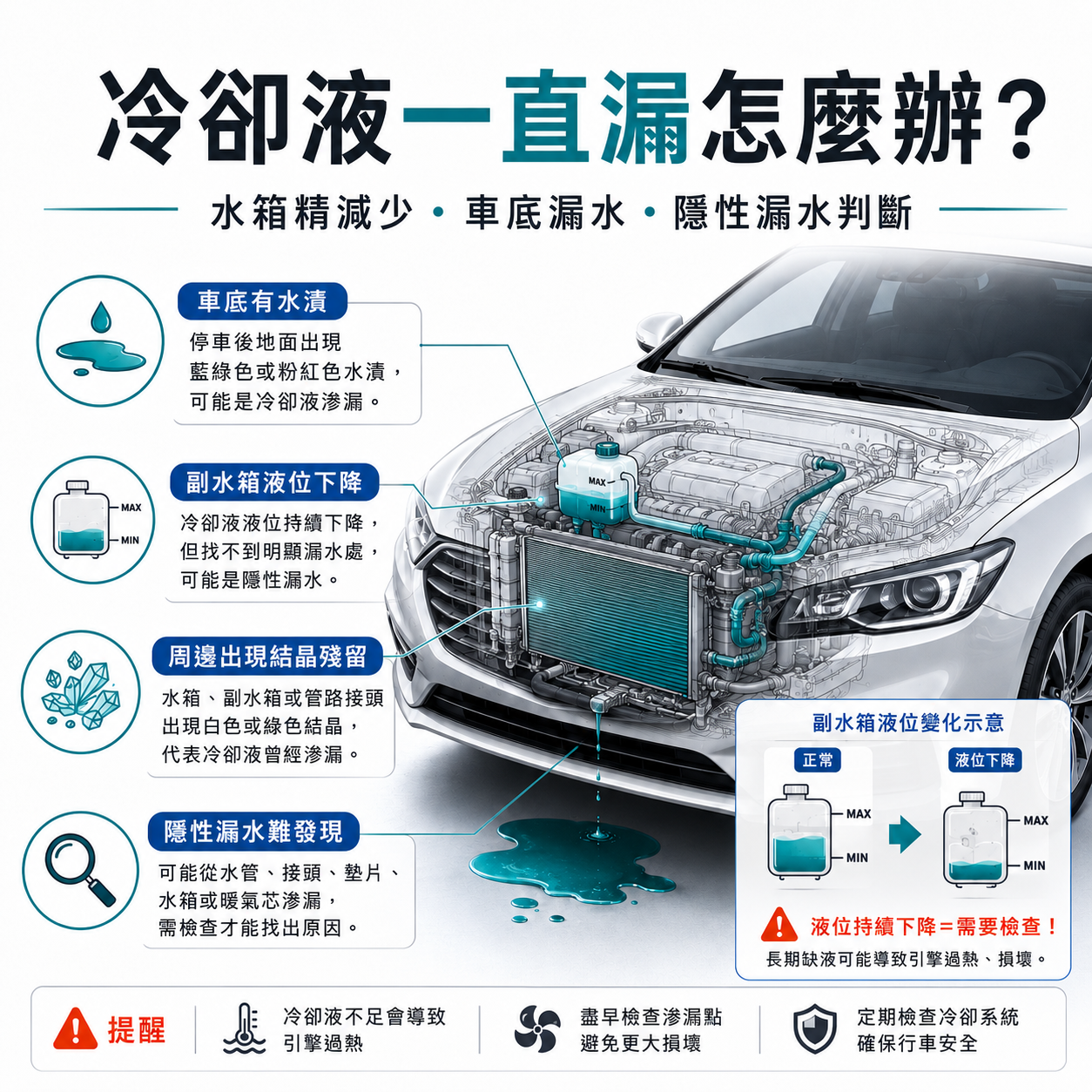 冷卻液一直漏的文章首圖，呈現副水箱水位下降、車底水痕、結晶殘留與隱性漏水判斷重點。