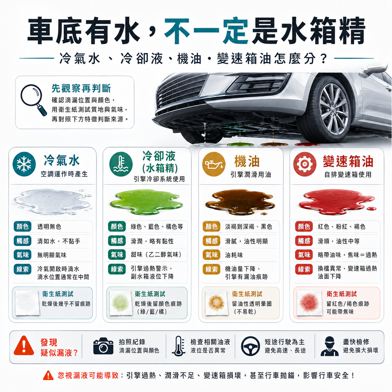 車底液體判斷資訊圖，對比冷氣水、冷卻液、機油與變速箱油的顏色、觸感與紙巾測試差異。