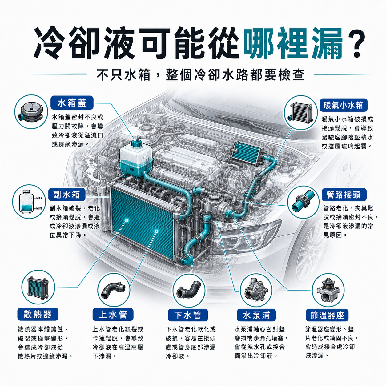 冷卻液常見外漏位置示意圖，標示散熱器、水箱蓋、副水箱、上下水管、水泵浦、節溫器座、暖氣小水箱與管路接頭。