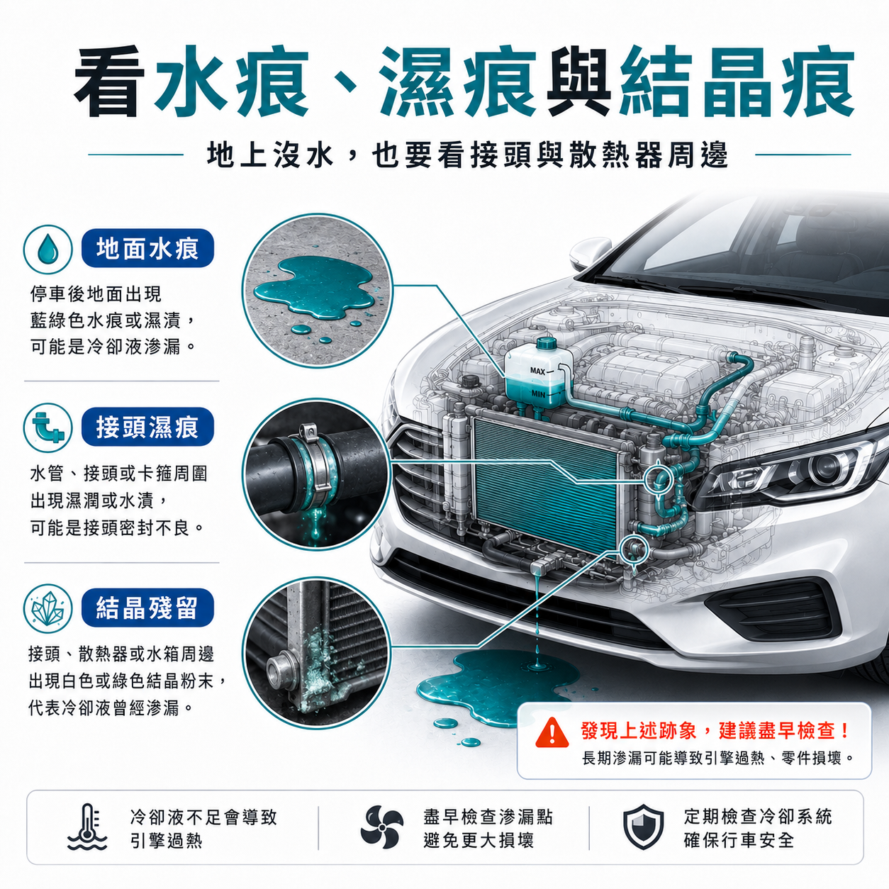 冷卻液外漏痕跡示意圖，呈現車底水痕、水管接頭濕痕與散熱器周邊結晶殘留。