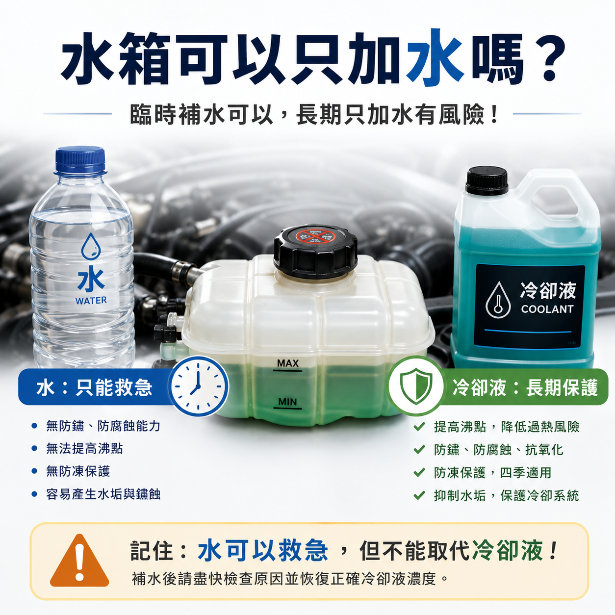水箱可以只加水嗎主視覺，對比透明水與藍綠色冷卻液，說明臨時補水可以但長期只加水有風險