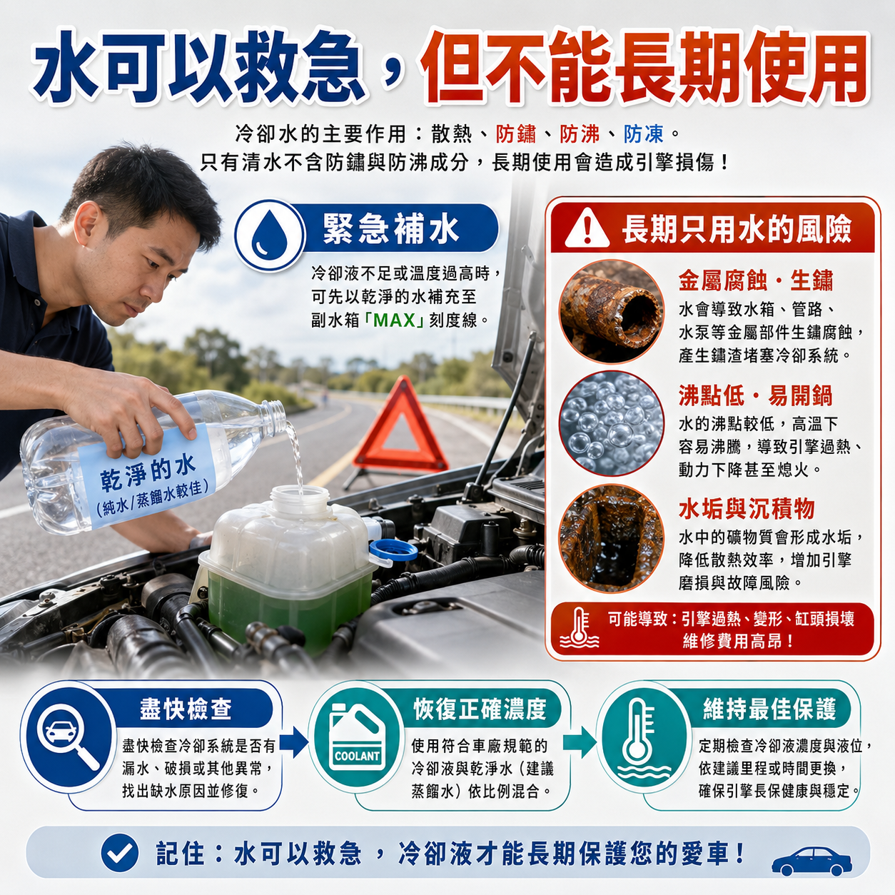 車主在路邊緊急補水的示意圖，說明水可以短期救急，但長期只加水可能造成金屬腐蝕、沸點降低與水垢沉積