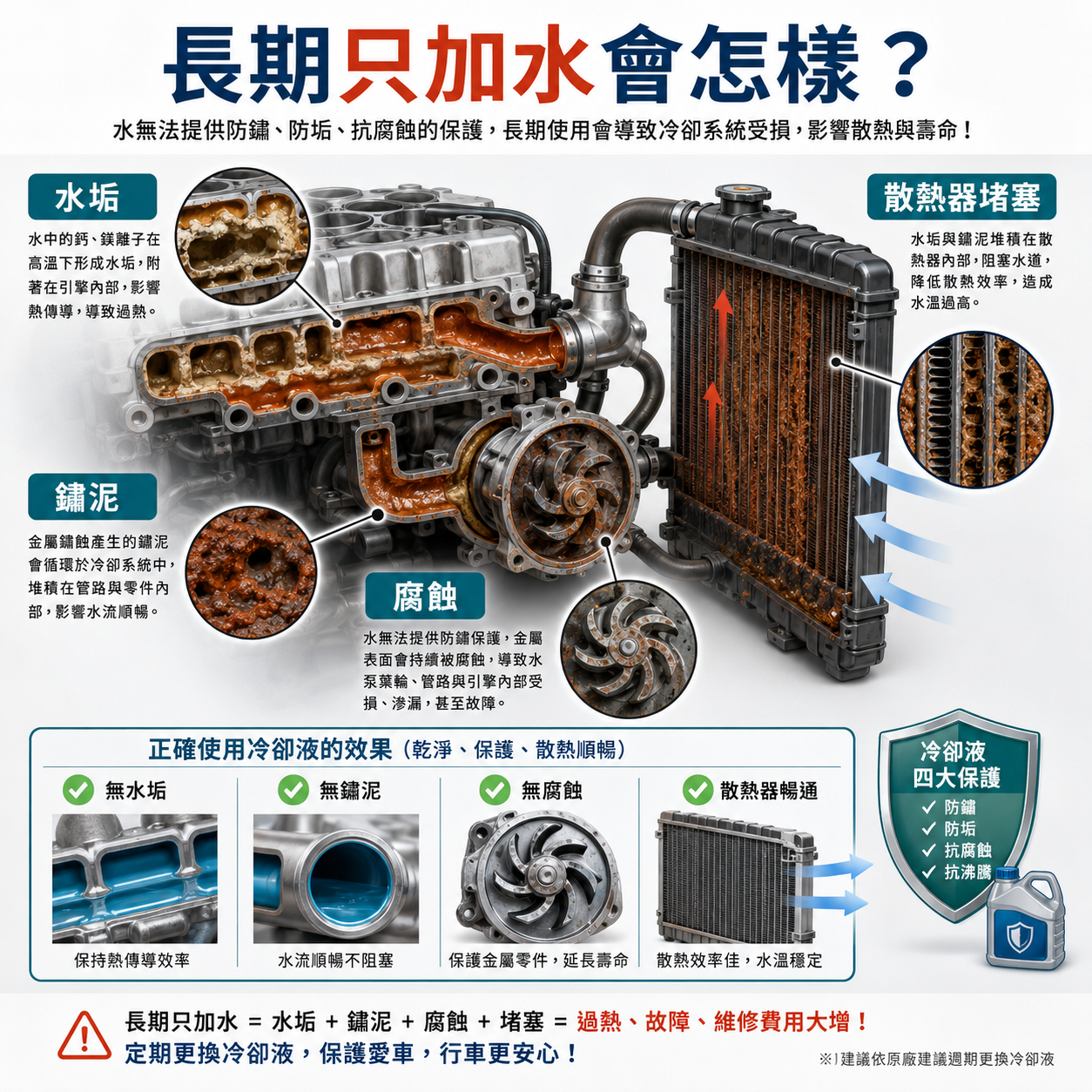 長期只加水造成水垢、鏽泥、腐蝕與散熱器堵塞的冷卻系統示意圖
