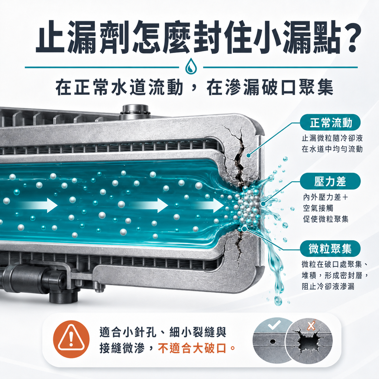 止漏劑怎麼封住小漏點? 水箱止漏劑作動原理圖,呈現止漏微粒在正常水道流動,並於滲漏破口因壓力差與空氣接觸聚集封堵