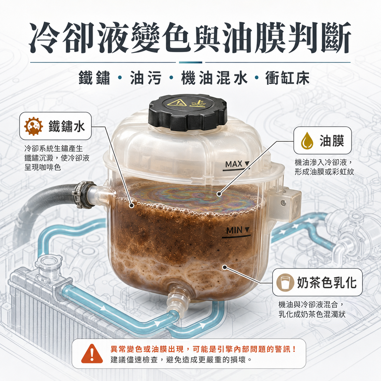 冷卻液變咖啡色、有油膜正常嗎？鐵鏽、油污、機油混水與衝缸床判斷