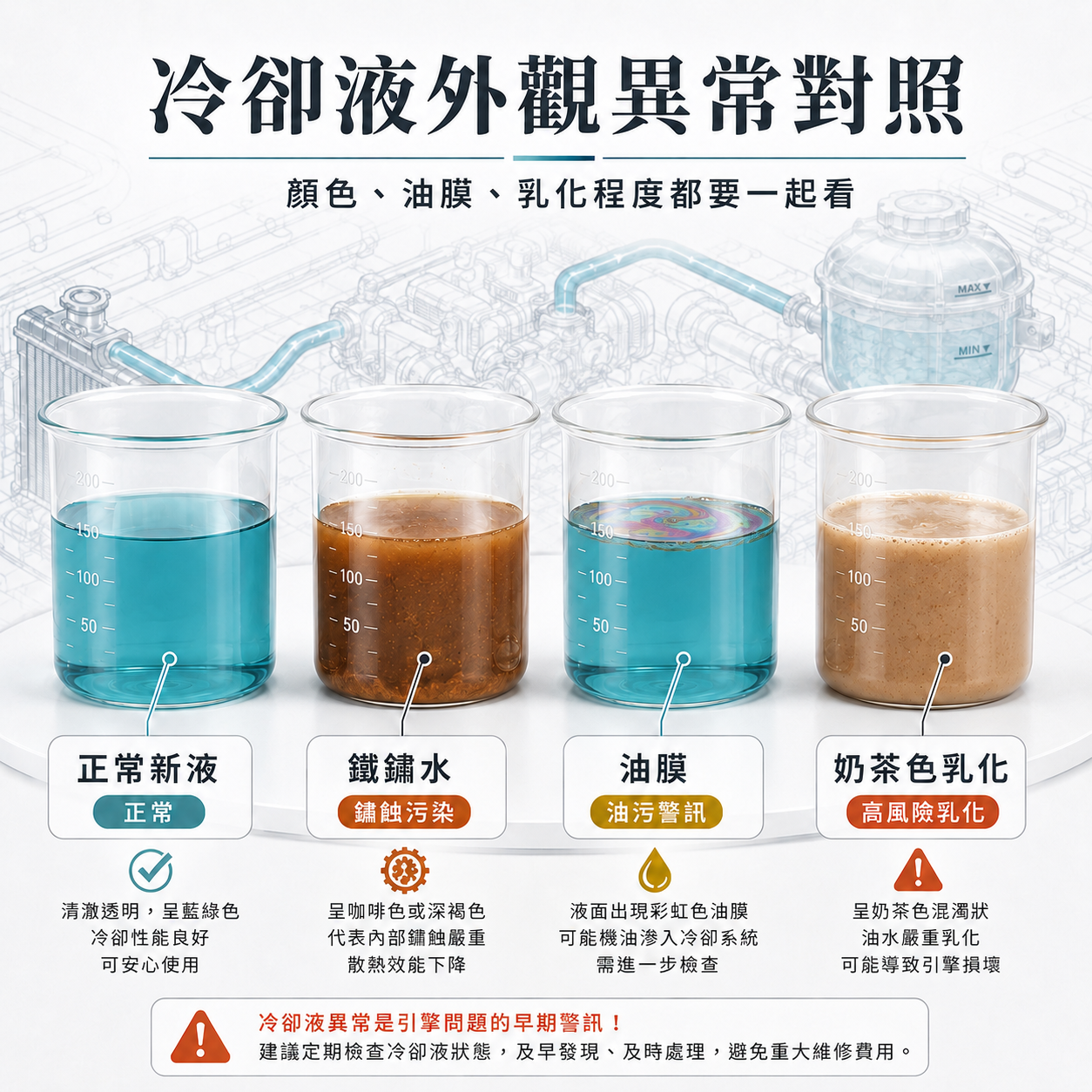 冷卻液外觀異常對照 四種冷卻液外觀對比圖,包含正常藍綠色冷卻液、咖啡色鐵鏽水、藍綠色冷卻液表面浮彩色油膜與奶茶色乳化冷卻液