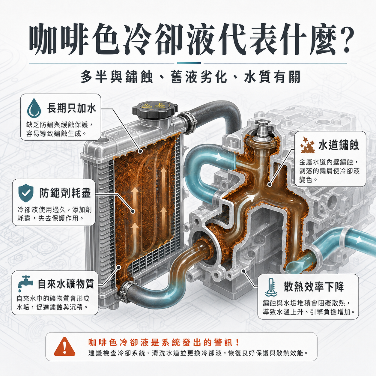 咖啡色冷卻液代表什麼? 咖啡色與鐵鏽色冷卻液示意圖,說明長期補水、舊冷卻液劣化、自來水礦物質與水道鏽蝕造成的污染