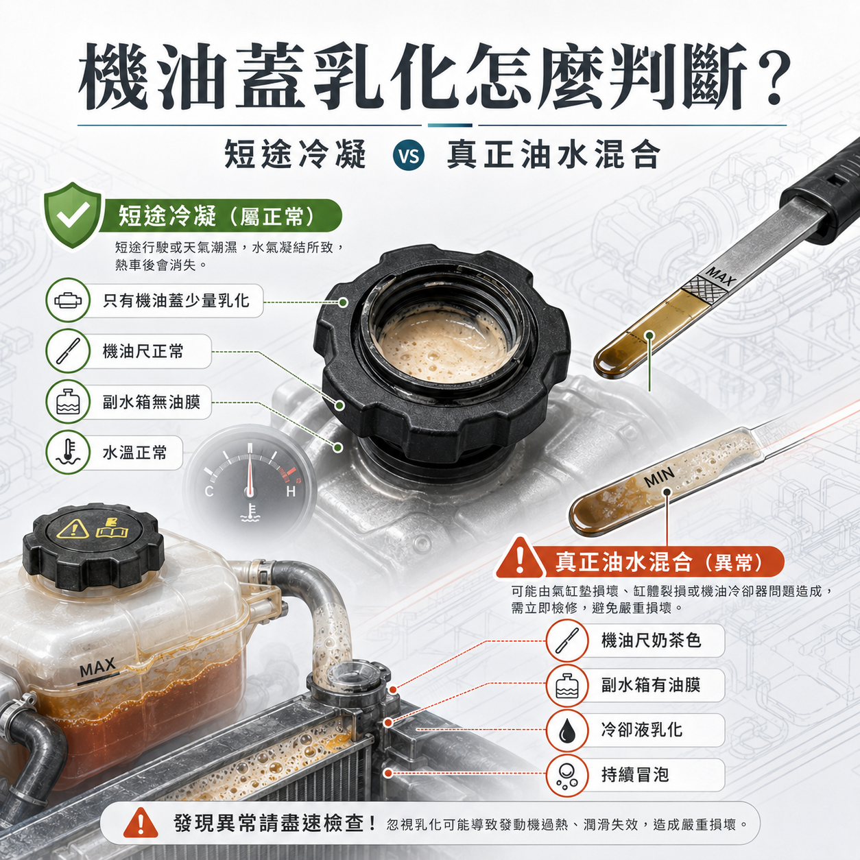 機油蓋乳化怎麼判斷? 機油蓋乳化判斷圖,對比短途冷凝造成的少量乳化與機油尺奶茶色、副水箱油膜、冷卻液乳化等真正油水混合警訊