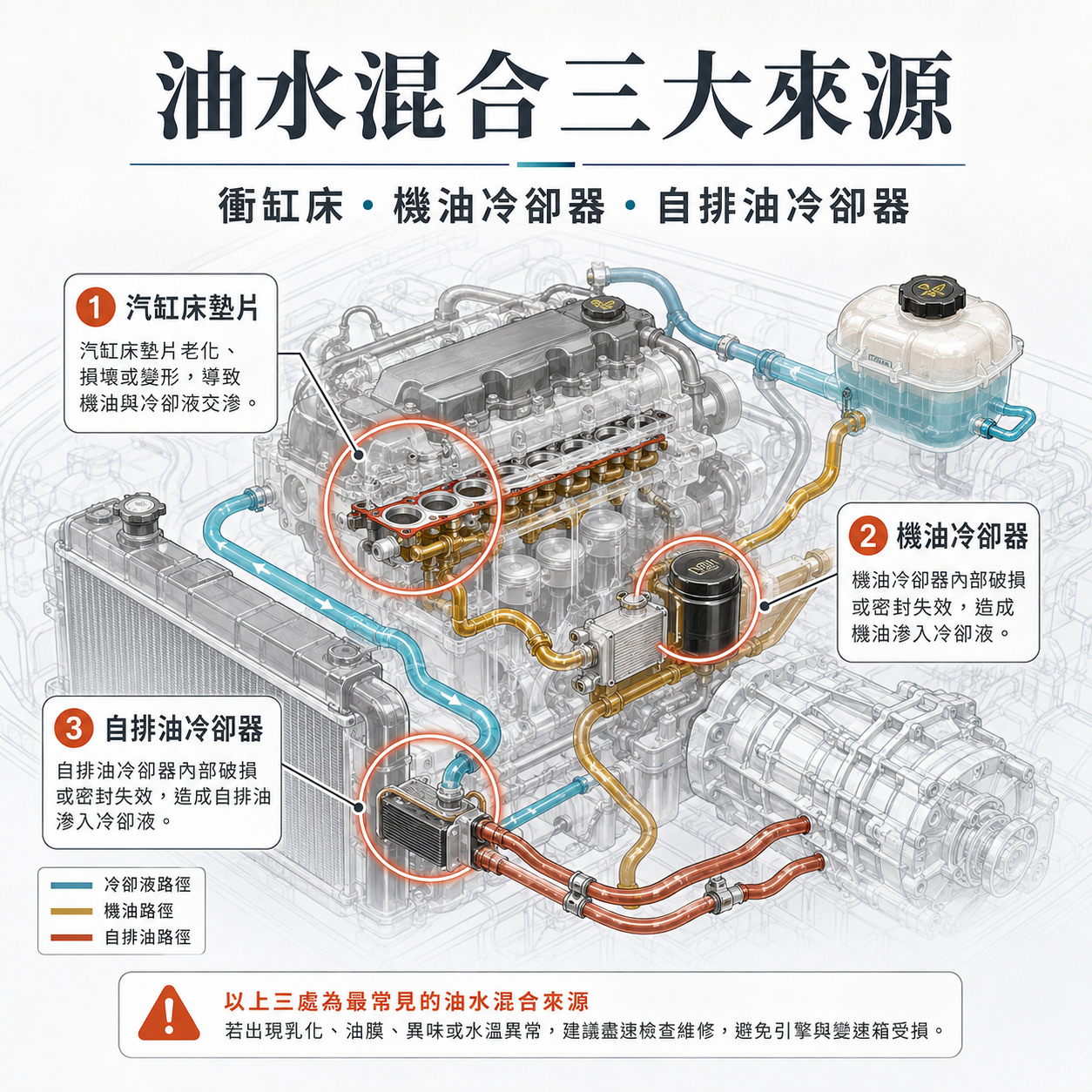 油水混合三大來源 油水混合三大來源示意圖,標示汽缸床墊片、機油冷卻器與自排油冷卻器可能造成冷卻液油污污染