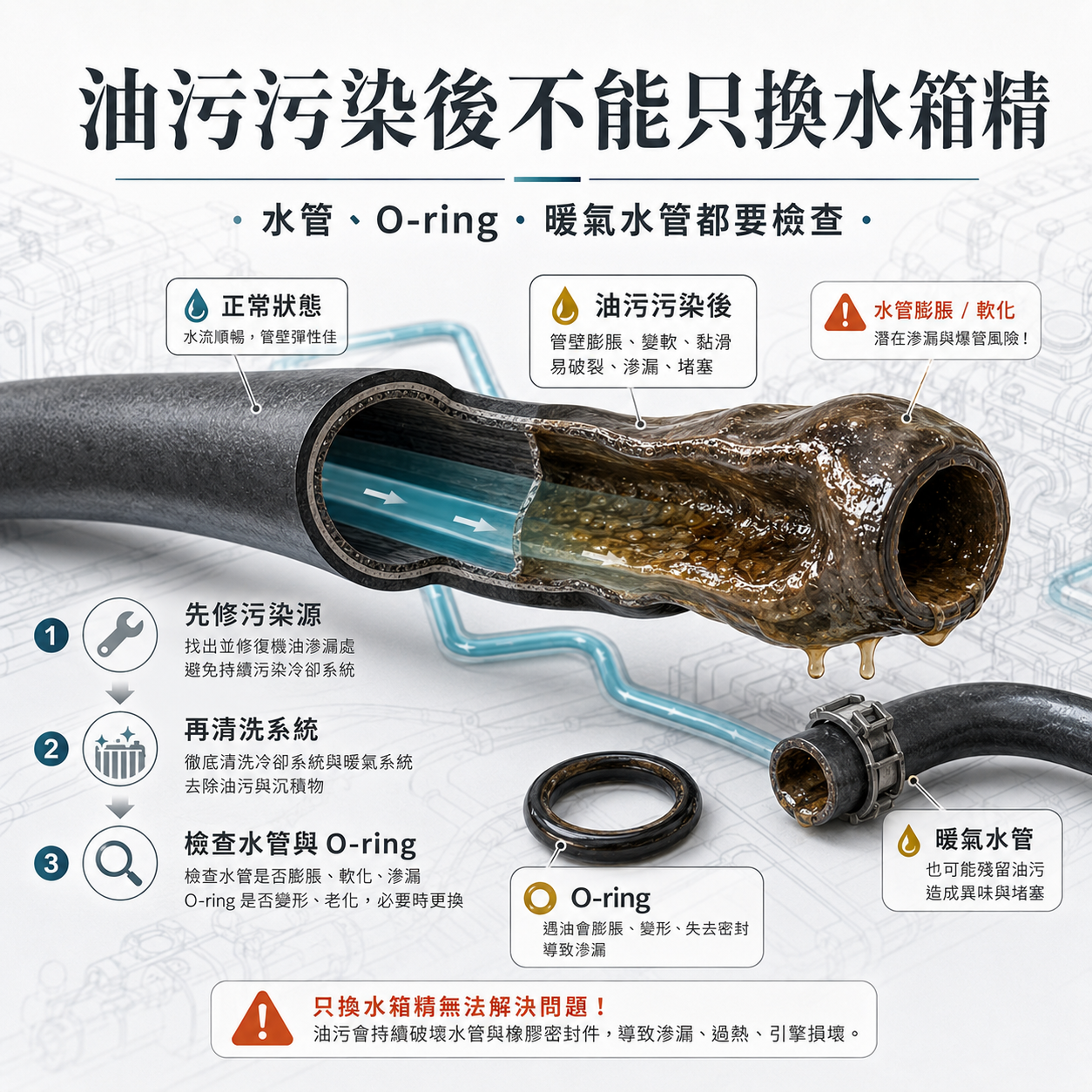 油污污染後不能只換水箱精 油污污染冷卻系統後橡膠水管膨潤、變軟與 O-ring 密封失效示意圖,說明油水混合後不能只更換冷卻液