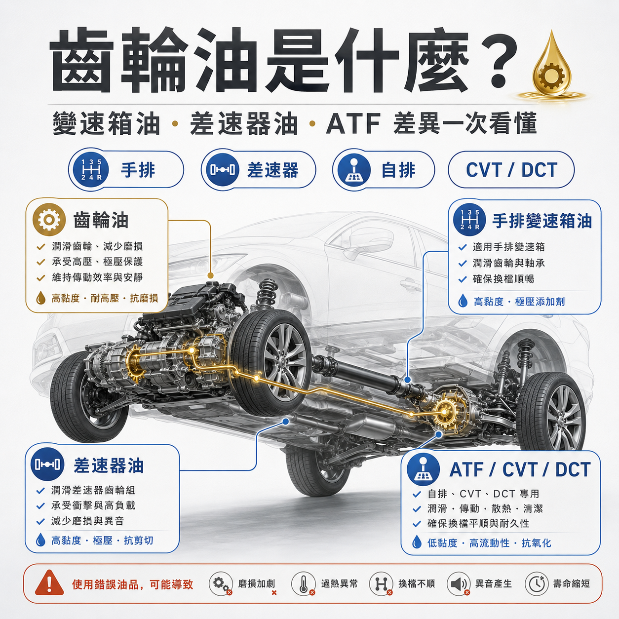 齒輪油是什麼? 齒輪油文章首圖,呈現汽車傳動系統中的手排變速箱、差速器、自排、ATF、CVT 與 DCT 油品分類。