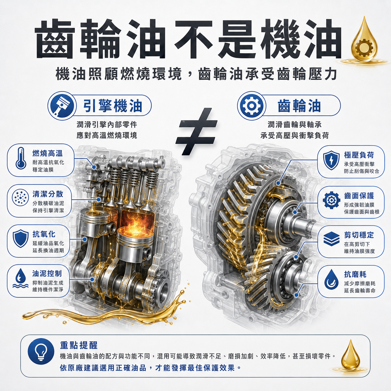 齒輪油不是機油 齒輪油與機油差異示意圖,對比引擎機油照顧燃燒高溫、清潔分散與抗氧化,齒輪油則承受齒輪極壓負荷與齒面保護。