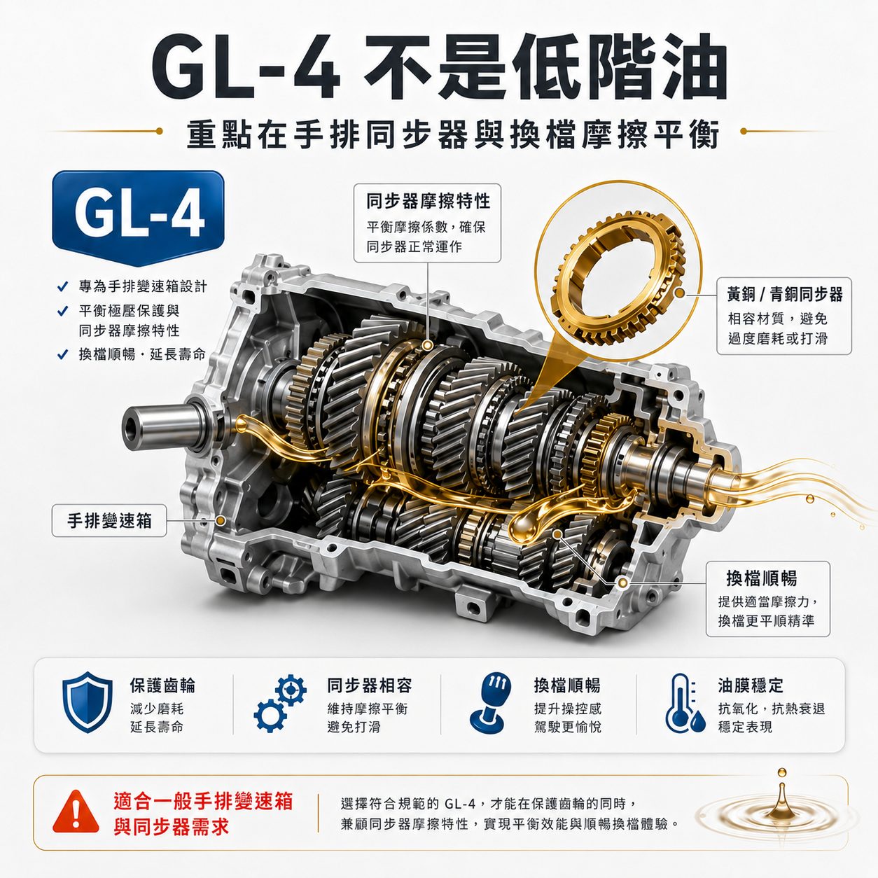 GL-4 不是低階油 API GL-4 齒輪油示意圖,呈現手排變速箱齒輪組、黃銅同步環與同步器摩擦特性。