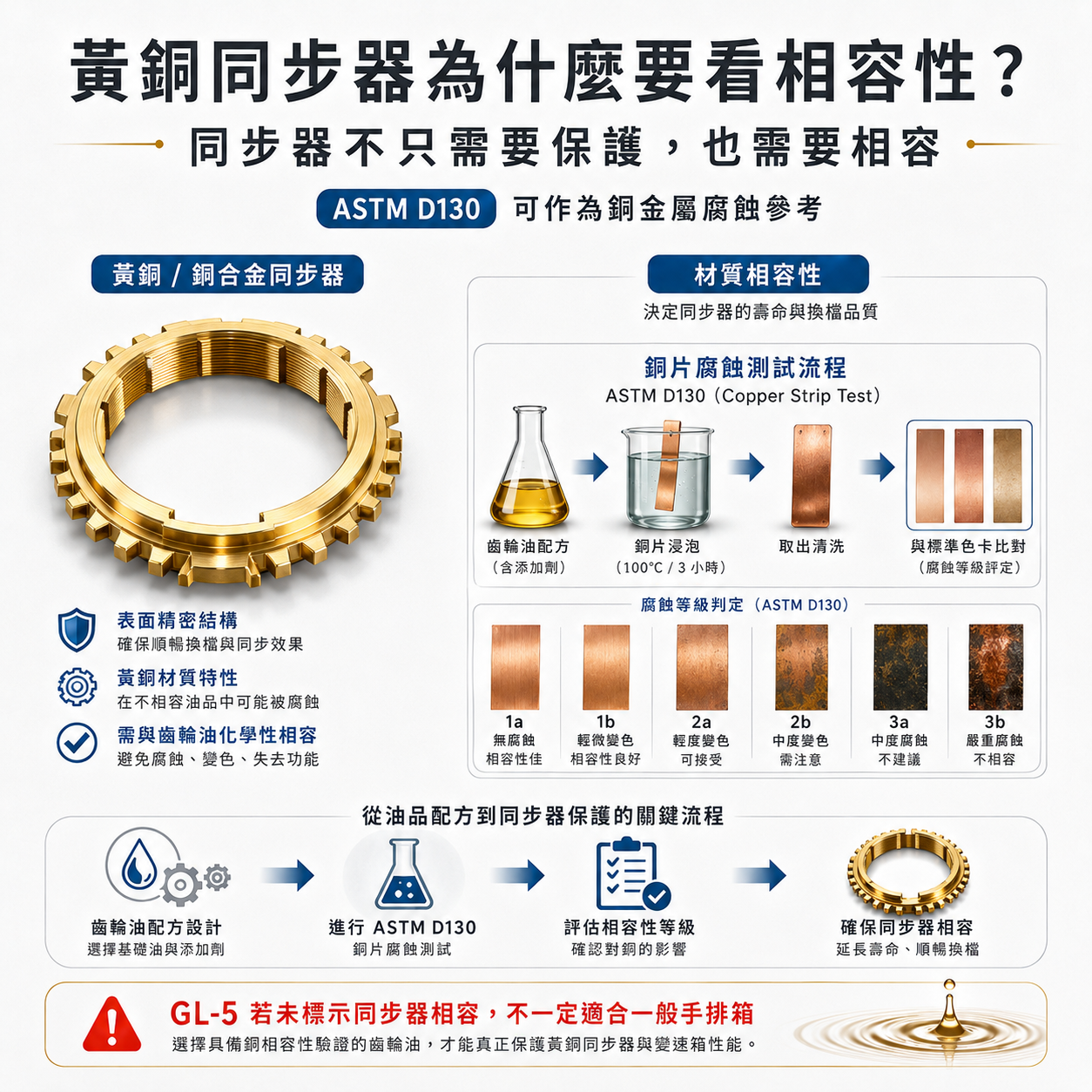 黃銅同步器為什麼要看相容性? ASTM D130 銅片腐蝕測試示意圖,說明齒輪油與黃銅同步器、銅合金零件相容性的重要性。