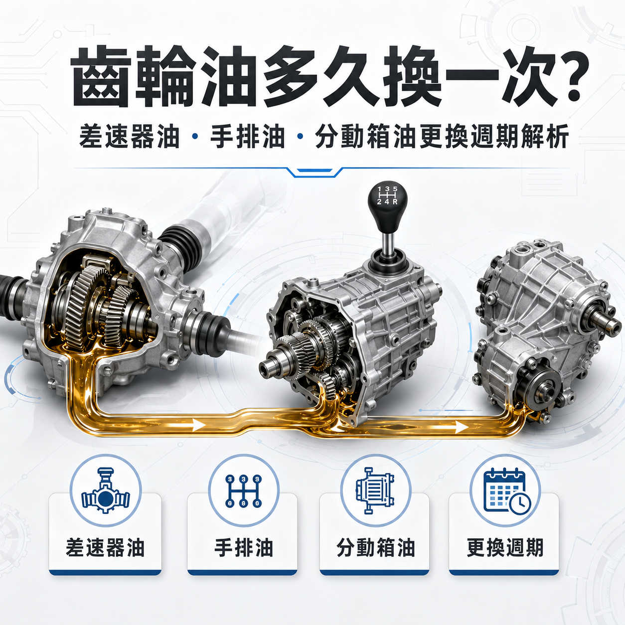 齒輪油更換週期主視覺，呈現差速器油、手排變速箱油與分動箱油的保養重點
